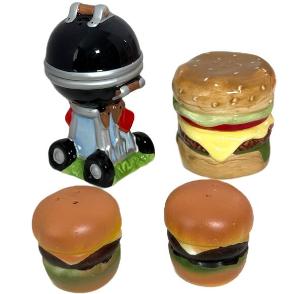 Lot of 3 Ceramic Salt Pepper Shaker Pier 1 Hamburger Backyard BBQ Grill & Burger - Picture 4 of 9